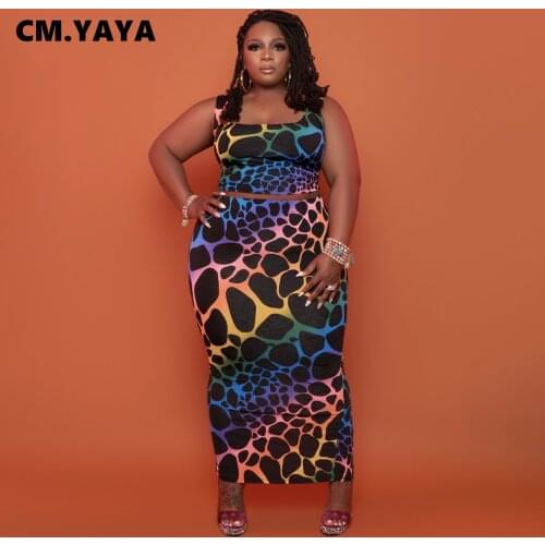 CM.YAYA Leopard Plus Size 3XL 4XL Midi Maxi Skirts Set for Women Streetwear Tank Tops Matching Two 2 Piece Set Outfits