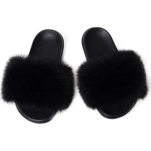 Parent-Child Fox Fur Slippers Unisex Fur Slides Children Furry Slippers Women Fluffy House Shoes Flip Flops Real Fox Fur