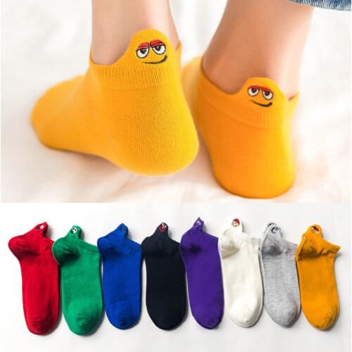 Kawaii Embroidered Expression Woman Socks Fashion Ankle Funny Socks Slippers Women Cotton Summer Candy Color Meias 54