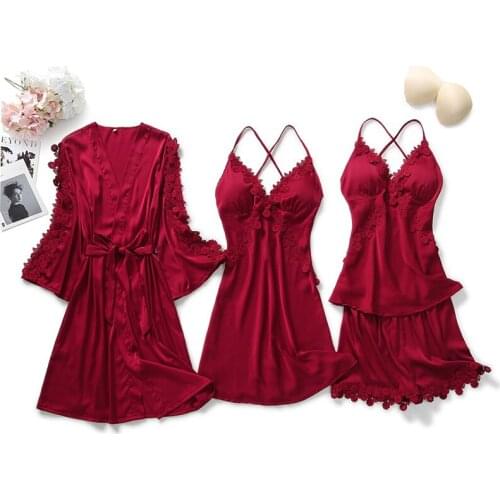 Spring Elegant Embroidery Lace Trim 4/2/1 Pcs Pajamas Women Silk Half Sleeve Top Elastic Waist Pants Lounge Sleepwear Set