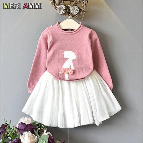 MERI AMMI 2 PCS Children Girl Clothing Set Outfit Knitted Sweater +TuTu Skirts For 2-7 Year Kid