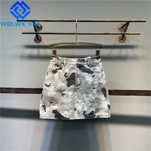 High Quality Denim Package Hip Skirt Women Pocket Fashion Tie dye High Waist A-Line Mini Skirt Summer Loose Jeans Skirts Female