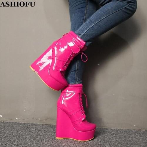 ASHIOFU New Real Photos Women Wadge Heel Boots Patent Leather Shoelace Party Prom Ankle Boots Winter Evening Fashion Boots Shoes
