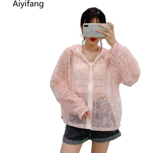 2021 Summer Mesh Sunscreen Shirt Runway Women Sequins Embroidery Loose Cardigan Hooded Coats Long Sleeve Oversized Gauze Jackets