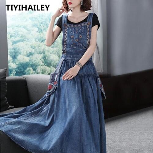 TIYIHAILEY Free Shiping Vintage Women Long Maxi Sleeveless Summer Denim Cotton Dresses High Quality Embroidery Dress With Pocket
