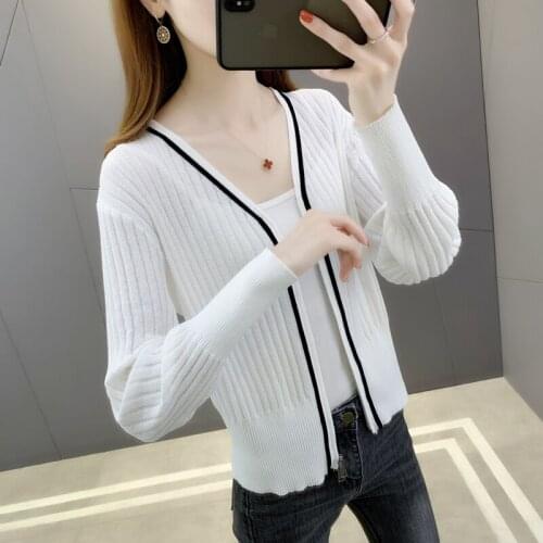 20142 (3 room 4 row 3) film v-neck spell color bar long-sleeved ice silk knitting jacket zipper 42