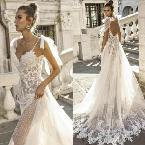 2020 Sexy Boho Wedding Dresses Spaghetti Straps Illusion Lace Backless Bridal Gowns Vestido De Novia Beach Wedding Dress Cheap