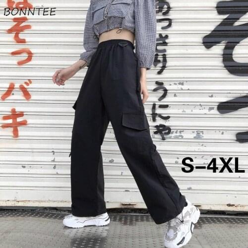 Casual Pants Women Black Full Length Plus Size Hip Hop Loose Elastic Waist BF College Big Pockets Solid Cargo Trousers Oversized