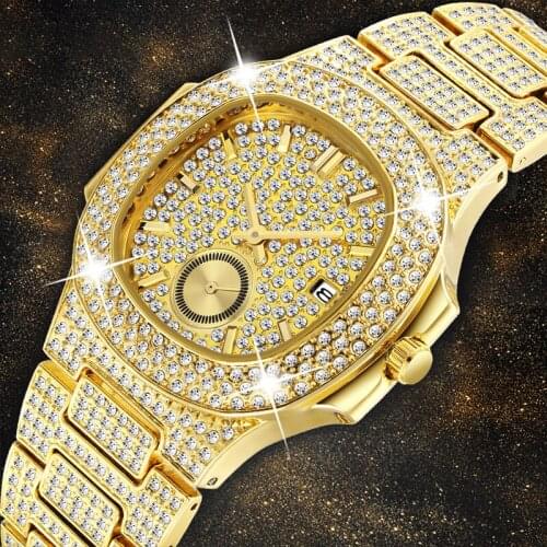 MISSFOX Mens Watches Top Brand Luxury NEW Trending 18K Gold Watch Men Chronograph Waterproof Big Hublo Steel Full Diamond Watch