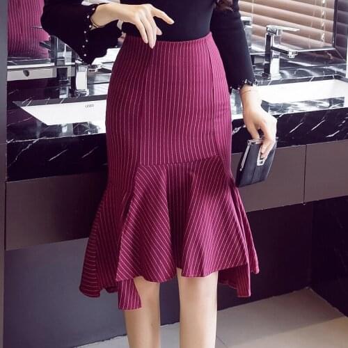 Elegant Korean Style Women Office Formal Trumpet Skirt Spring Striped Print High Elastic Skirt Plus Size 5Xl Black OL Skirts