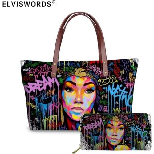 ELVISWORDS Black Art African Girl Printing Lady Shoulder Bags Female Large Totes Bags Women Purse and Handbags Set Bolsos Mujer
