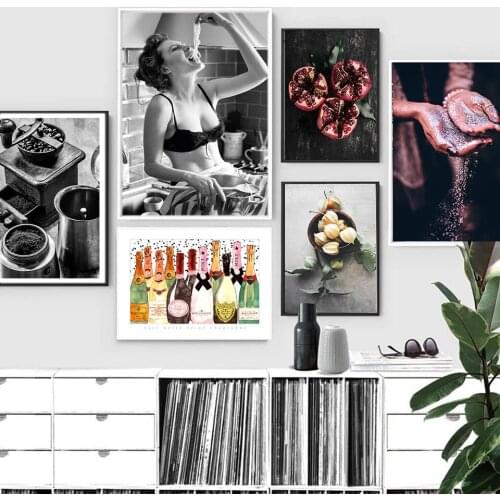 Kitchen Art Decor Gin Coffee Posters Pomegranate Print Black and White Woman Wall Art Canvas Painting Picture For Dining Hall
