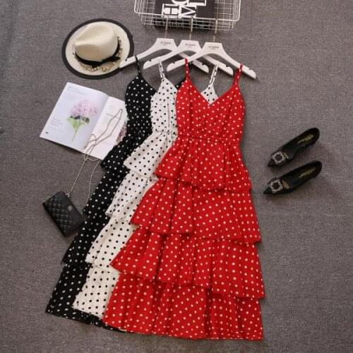 Zuolunouba Summer Sexy Dresses Women Flare Dot Sleeveless Cascading Ruffle Strap Cupcake Dress Red And Pink S-2xl