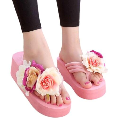 Summer EVA Handmade Slippers Women Wedges Flip Flops with Floral Ladies Beach Holiday Platform Sandals High Heel Female Slides