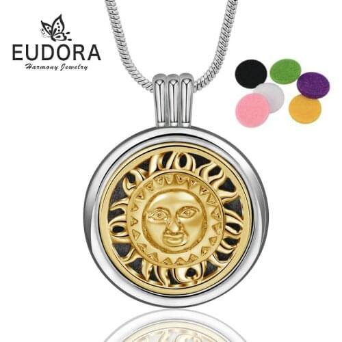 EUDORA Copper 20mm essential oil diffuser Necklace Smile Sun aromatherapy locket Pendant jewelry for Women with 6 pad X65