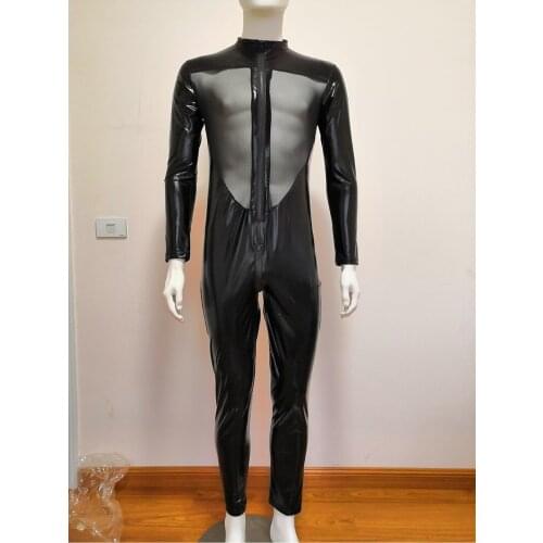 Men Wetlook Faux Leather Bodysuit Latex Catsuit Hot Erotic Mesh Lingerie Zentai fetish Body Wear Jumpsuit Open Crotch Clubwear