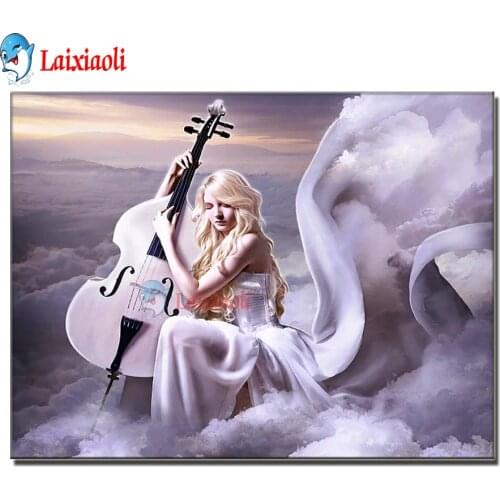 5D DIY Full Round round Drill Diamond Painting Cello Fairy Mosaic Kit Rhinestone Drawing Picture white cloud Home Decoration Art