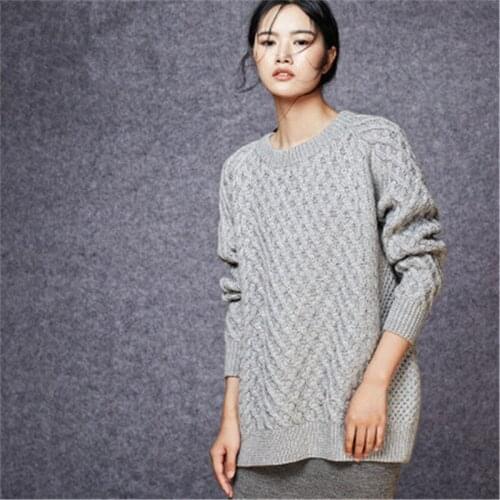 New fashion 100% hand made pure wool Oneck knit women solid thick H-straight loose pullover sweater one&over size