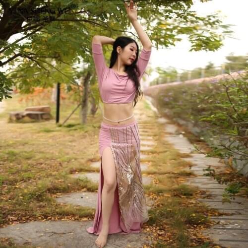 New Belly Dance Clothes Set Autumn And Winter Belly Dance Skirt Split Half Off-Shoulder Sleeve Top Skirt Girl Sexy 2pcs Costumes