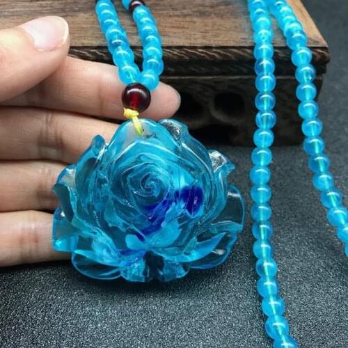 Men Women Blue Necklace Flower Round Beads Pendant Necklaces Sweater Chain Jewelry
