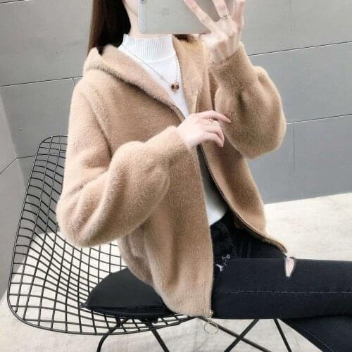 Long-Sleeve Mink Fur Coat Womens Loose Hooded Sweater Cardigan Autumn Winter Single-Breasted Plus Size Jacket Female Outerwear