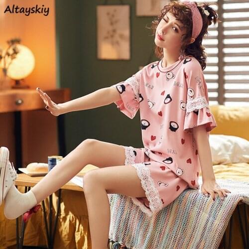 Pajama Sets Korean Style Loose Feminine Cozy Ulzzang All-match Sleepwear Causal Mujer Hipster Kpop Round Neck Short Sleeve Sweet