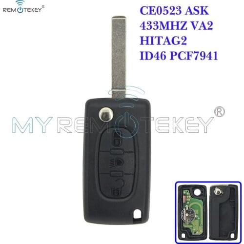 CE0523 Flip remote key 3 button middle light button VA2 key blade for Peugeot for Citroen ASK 433 mhz ID46 - PCF7941 remtekey