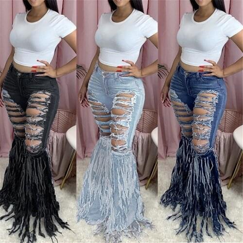 Tassel Ripped Jeans for Women High Waist Jeans Vintage Flare Jeans Holes Bell Bottom Jeans Denim Pants Female Trousers Retro