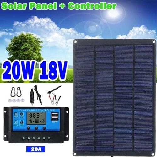 20W 18V Solar Panel with battery Clip 20A Controller Solar Car Charger Monocrystalline Solar Cells for Outdoor Camping Hiking