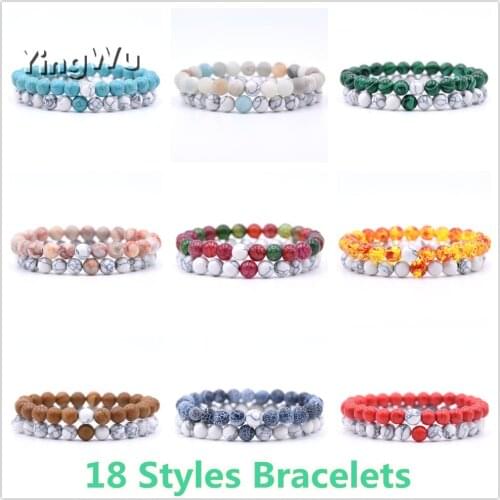 Yingwu 2Pcs/Set Couples Distance Bracelet Classic Natural Stone 18 styles Beaded Bracelets for Men Women Best Friend