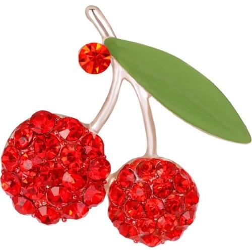 Womens Brooch Pin Gorgeous Red Rhinestone Cherry Leaf Fruit Wedding Banquet Party Ladies Clothing Accessory