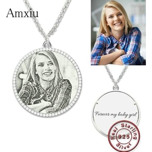 Amxiu Custom Photo Necklace 925 Sterling Silver Necklace Engrave Name Pendant Necklace Personalized Zircon Jewelry For Women