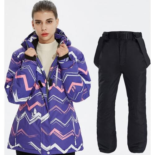 Winter Women Thick Warm Ski Suit Outdoor Windproof Waterproof Striped Ski Jacket Ski Pants Female Snowboarding Suit Skiing Set
