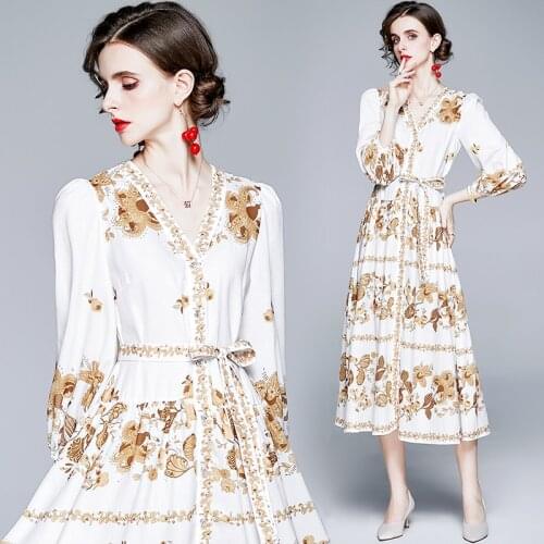 ZUOMAN Women Autumn Vintage Floral Dress Festa High Quality Elegant V-neck Party Robe Femme Designer Lantern Sleeve Vestidos