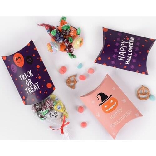 10pcs/lot Cute Halloween Theme Pink Paper Candy Bag Pillow Box Creative Purple Happy Halloween Party Packaging Gift Boxes