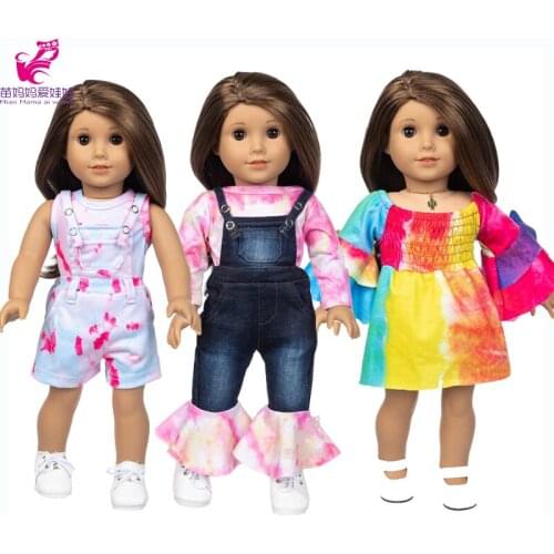 18Inch Girl Doll Clothes Denim Tie-dye Flared Pants Baby Dolls Clothes Raibow Jacket Set Baby Birthday Gift