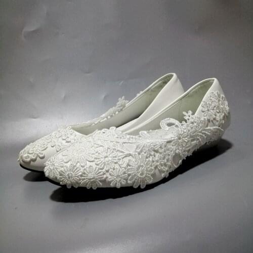 3CM wedges tiny heel white lace wedding shoes for bridal handmade designer bride flower girls party ceremony lace pumps shoe