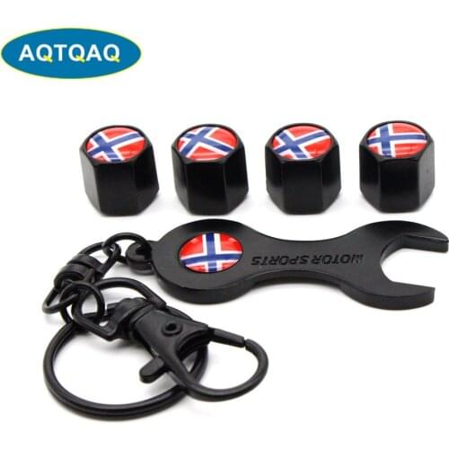 5Pcs/Set Norway Flag Style Anti-theft Emblem Auto Car Wheel Tire Air Valve Caps With Wrench Keychain Zinc Alloy Stem Dust Cover