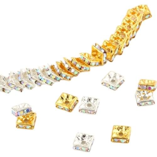 50/100PCS 6mm 8mm AB Gold Silver Color Square Rhinestone Rondelles Crystal Spacer Beads For Jewelry Making DIY Bracelet Necklace