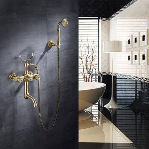 Antique Brass Shower Faucet Brass Polished Bathtub Faucets Hand Rain Shower Head Tap Luxury Ceramic Telephone Wall Bath Faucet