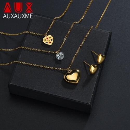 Auxauxme New Multilayer Vintage Heart Jewelry Set Crystal Pearl Stainless Steel Necklace Earring Sets for Women Jewelry Gifts