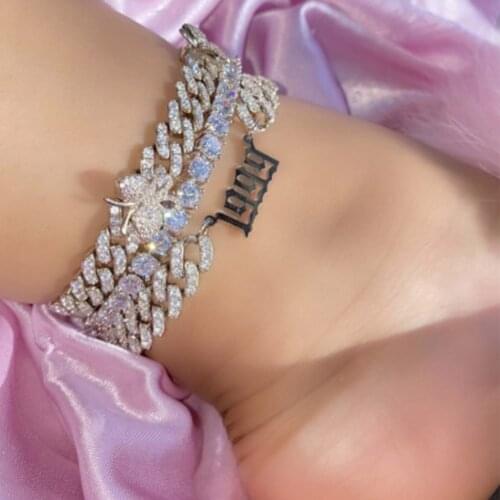3pcs/set Iced Out Rhinestone Butterfly Cuban Chain Anklets for Women 1999 Year Number Link Chunky Anklet Hip Hop Foot Jewelry