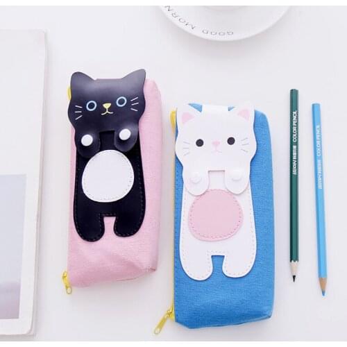 DL Korean cute cartoon cat simple creative canvas bag female student high-capacity zippered pencil case pencil box