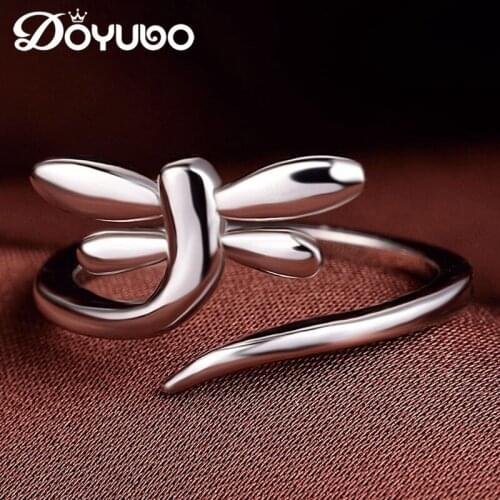 DOYUBO New Arrival Ladies Silver Dragonfly Ring Adjustable Size 925 Sterling Silver Animal Rings For Party Fashion Jewelry VB073