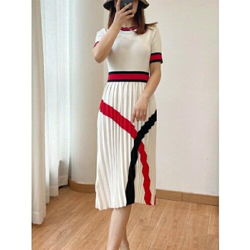 Elegant celebrity short sleeve knitted patchwork pleated skirt dress for women