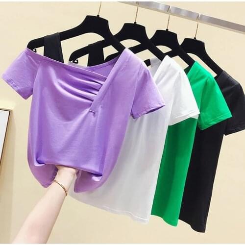 GGRIGHT Summer Short Sleeve T-Shirts Women Casual Off Shoulder Folds Tees Tops Female Basic Black Purple Solid Tshirts Ladies