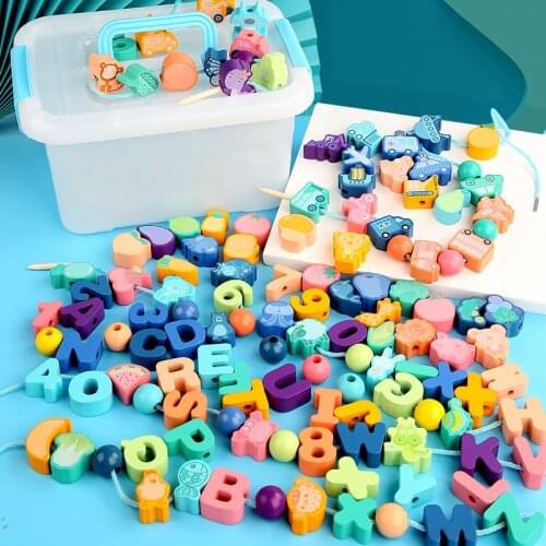 Montessori Toys Box Cartoon Animals Fruit Wooden Toys Stringing Threading Beads Game Educational Toy for Children Holiday Gifts