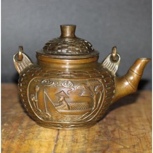 China brass Bamboo basket shape teapot crafts statue