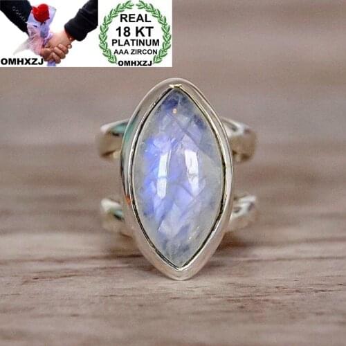 OMHXZJ Wholesale European Fashion Woman Man Party Wedding Gift Oval White Moonstone 18KT White Gold Ring RR665