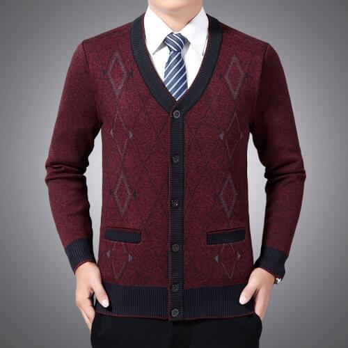 Men Wool cashmere Caridgan Knitwear Black Camel Red Rhomboids Pattern Thicken Fleece V-neck Warm Sweaters Autumn Early Winter